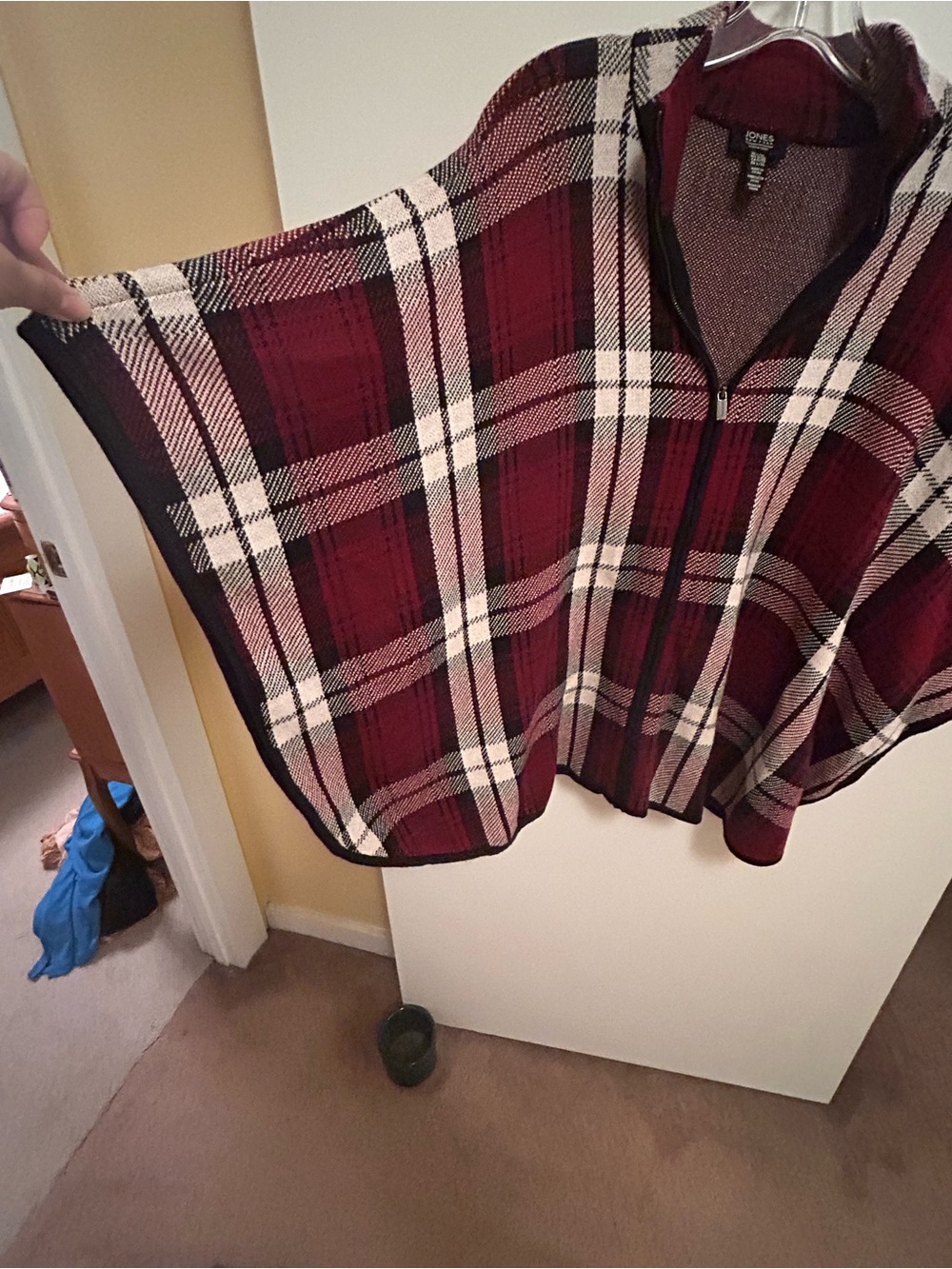 Jones New York Red Plaid Zip-Front Poncho Sweater - Picture 3 of 7